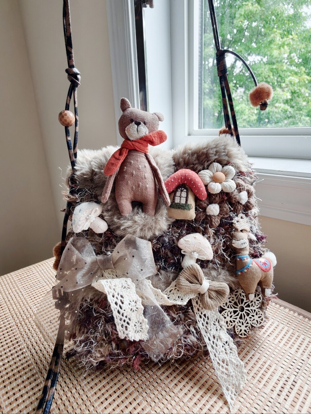 Handmade Plush Bear and Floral Crossbody Bag, Crochet Cottagecore Shoulder Bag - Picture 6 of 16